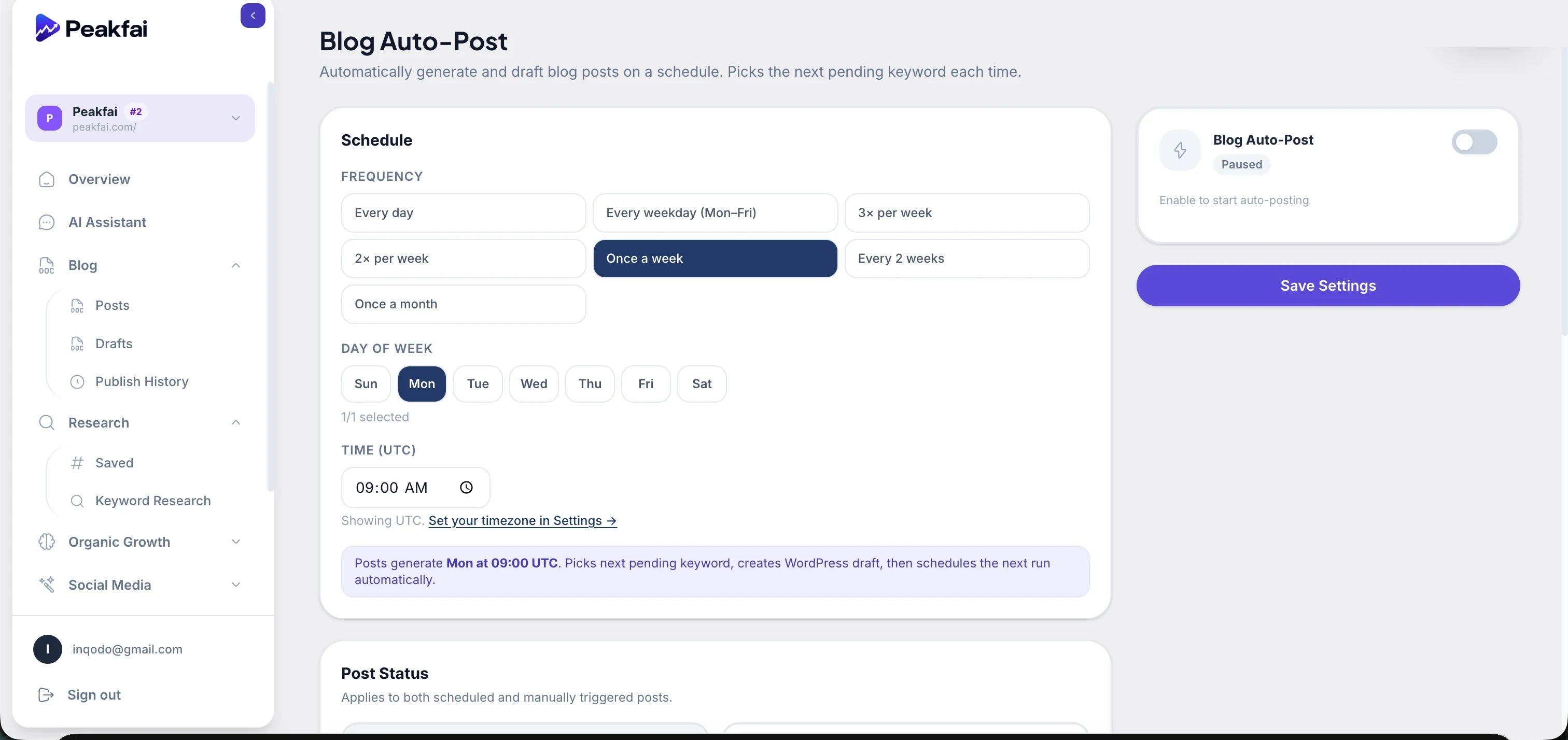 Peakfai's Blog Auto-Post schedule settings, showing frequency, day, and time controls